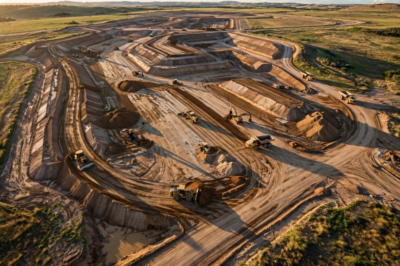 An aerial view of a large construction earthworks site with several machines shaping the ground