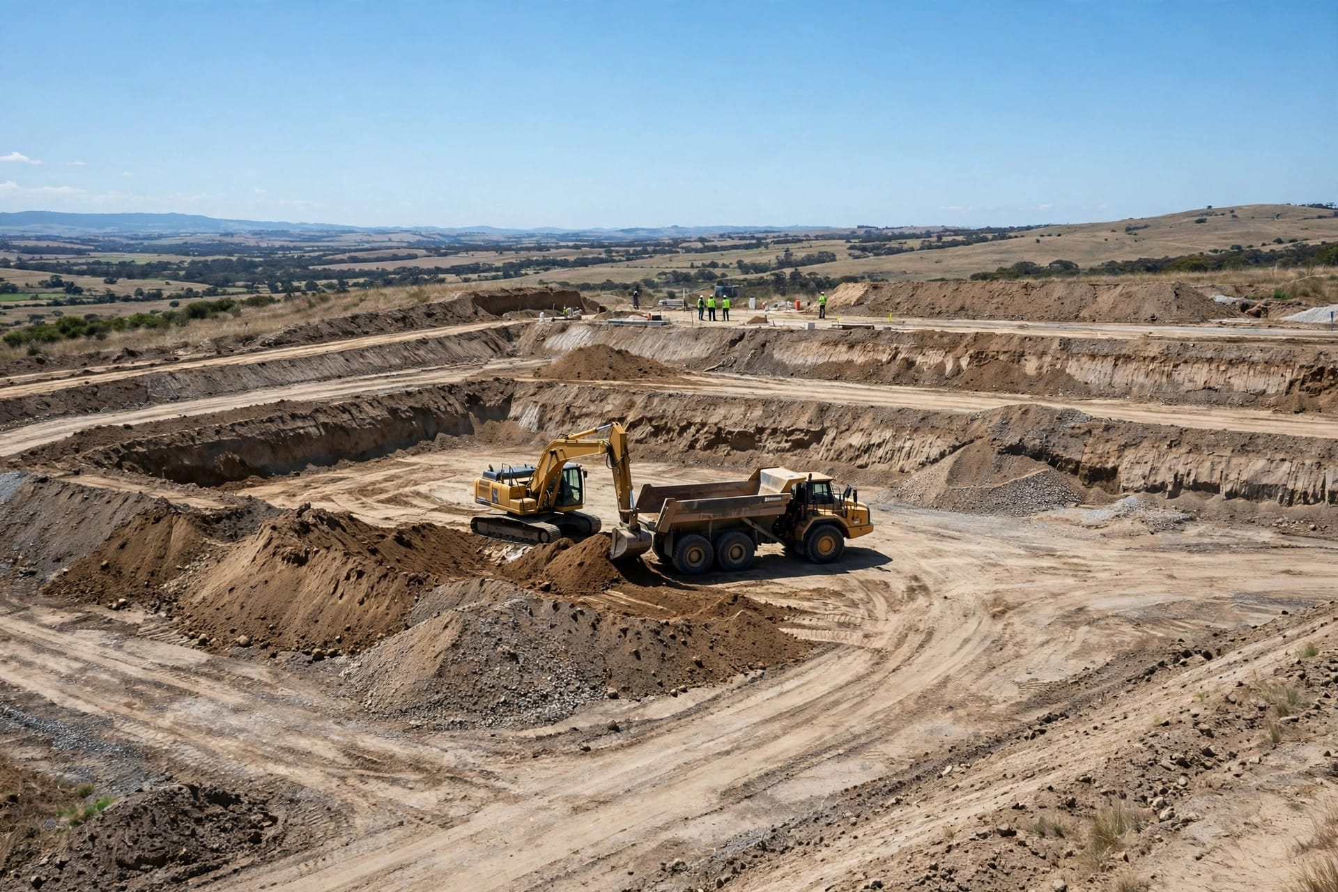 An excavator loading a dump truck on a large open construction site, illustrating Bedrock Robotics commercial deployments