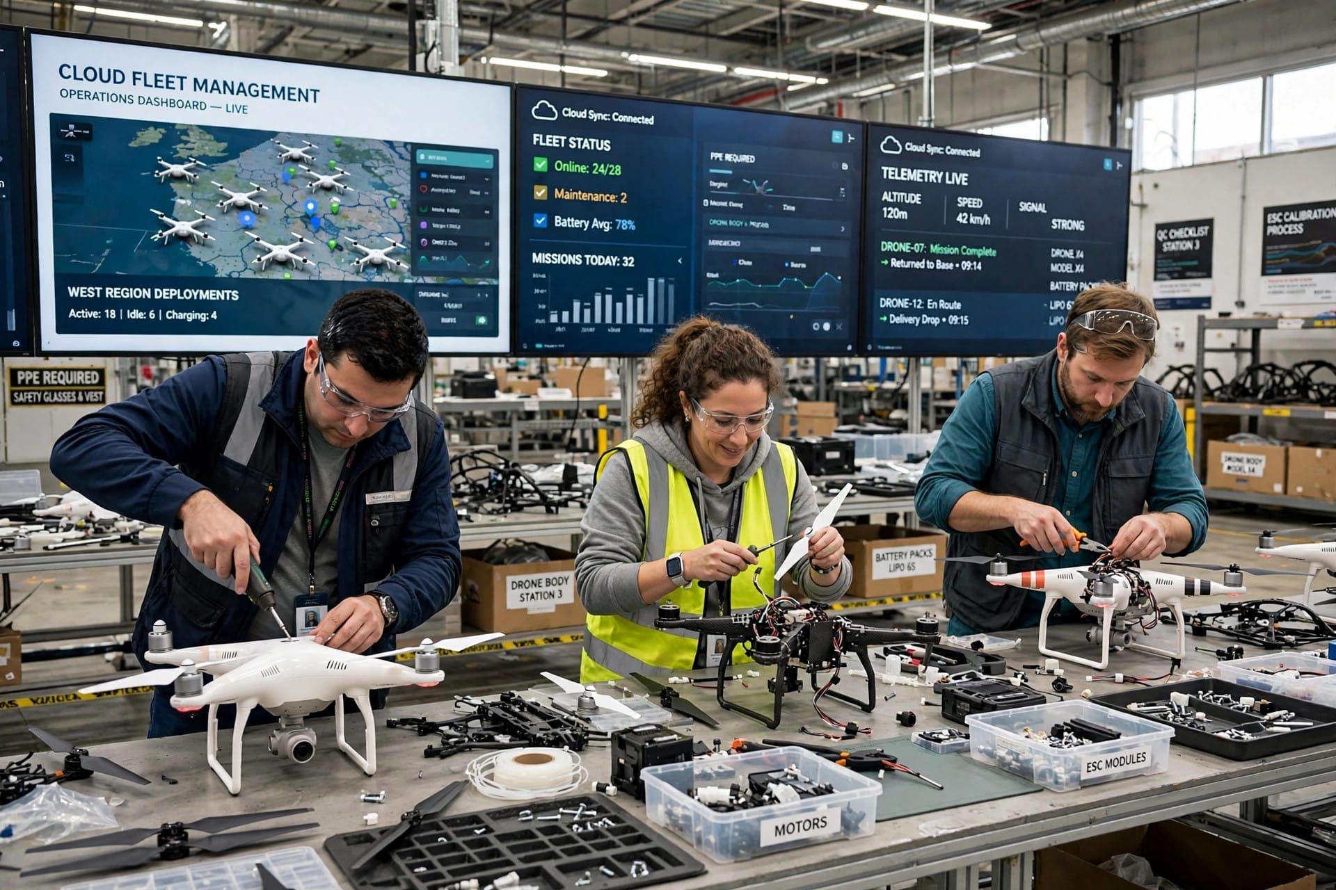 Engineers assembling Beyond Vision unmanned aerial systems on a production line