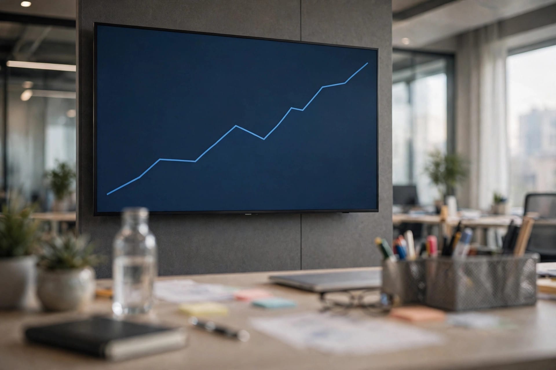 A large screen in a modern office displaying a rising line chart with no readable numbers or text
