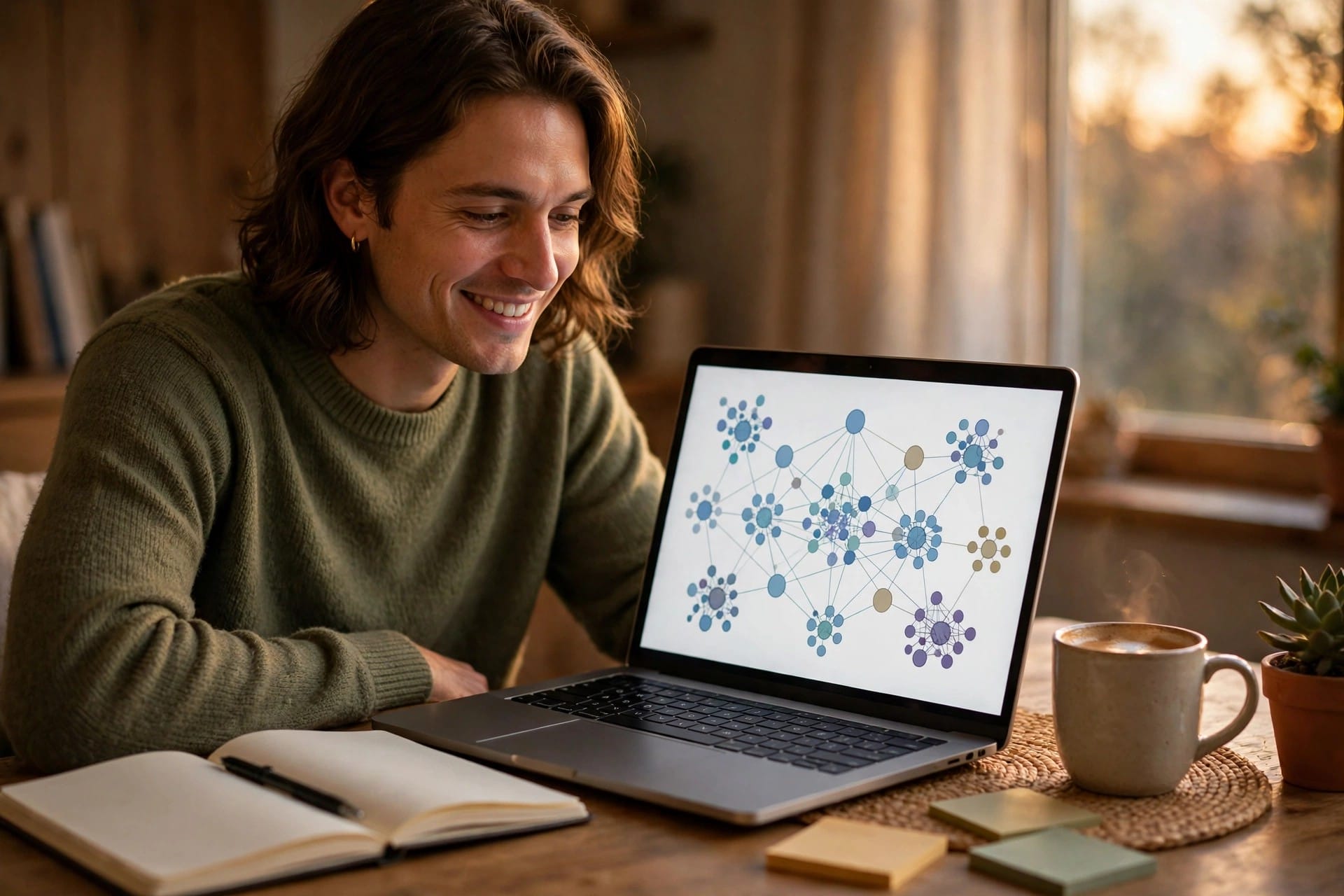 Smiling man reviewing a complete portfolio of topic clusters on a laptop