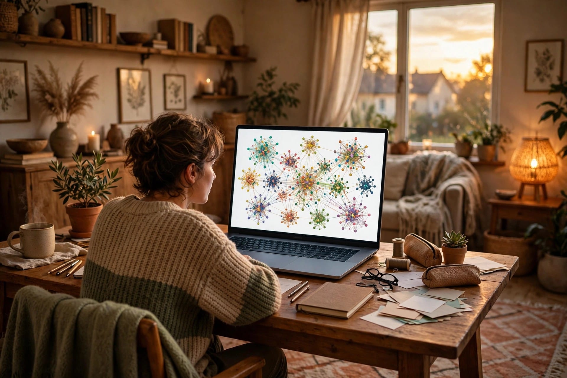 Woman studying a colourful map of connected topic clusters on a laptop