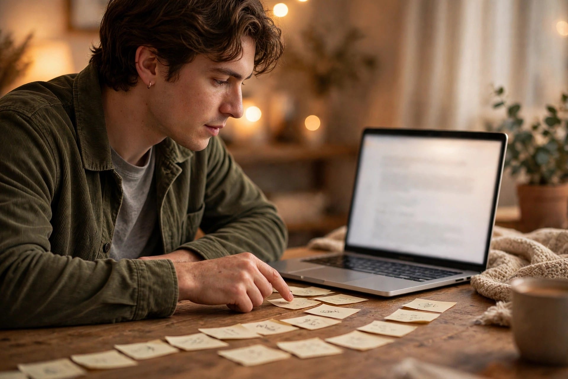 Man arranging small phrase notes on a desk leading to an article on a laptop