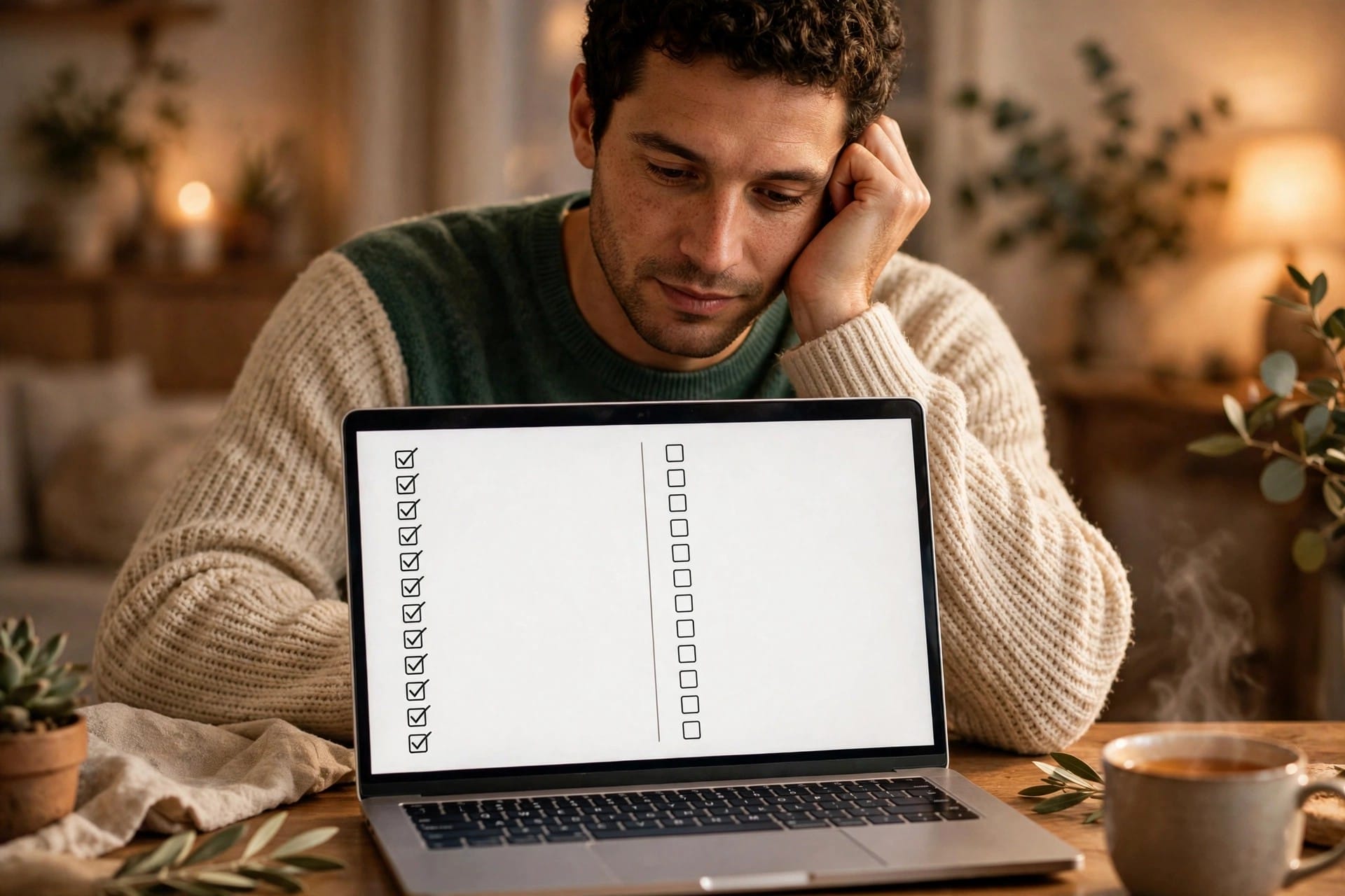 Man reading two lists on a laptop, one checked and one unchecked