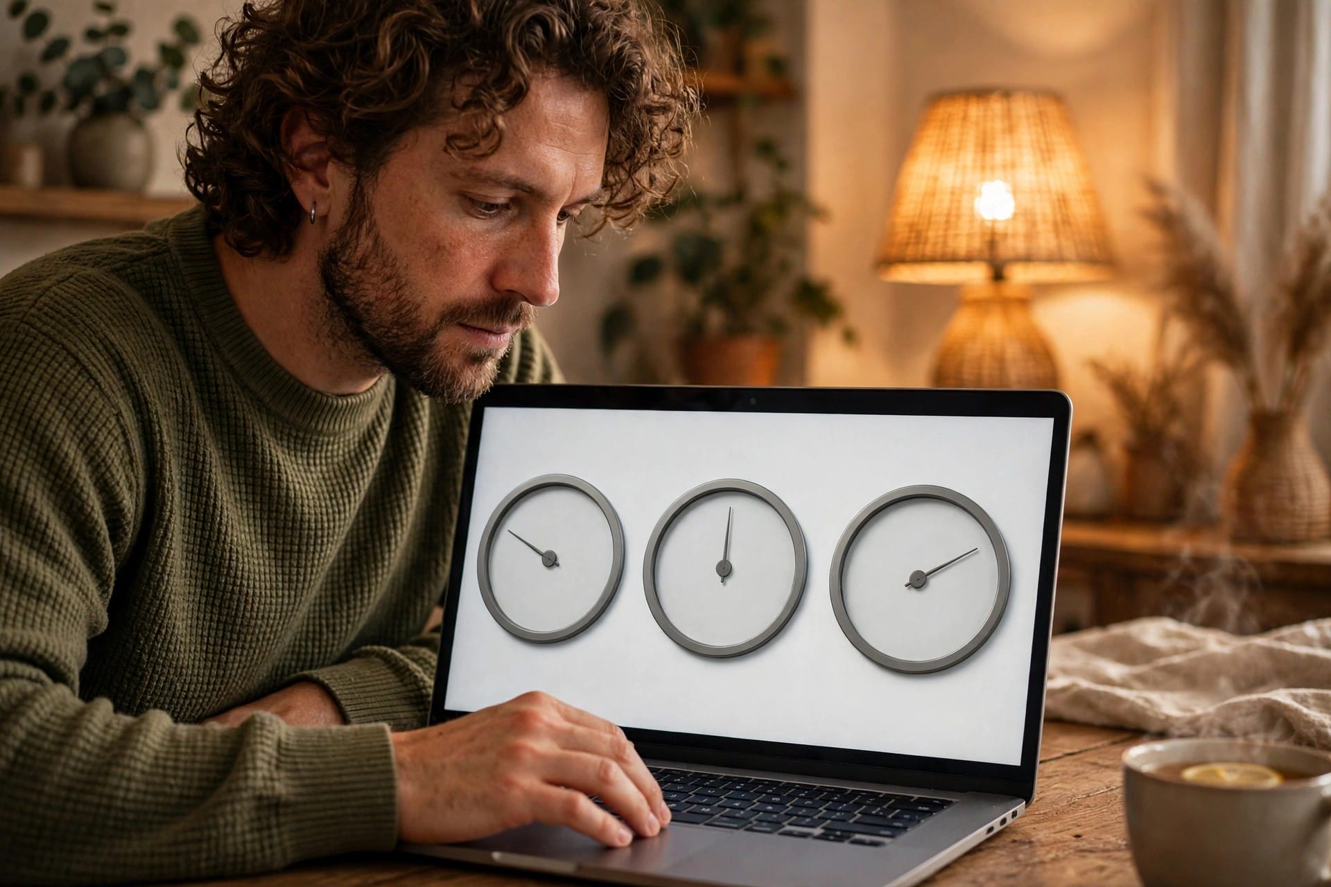 Man comparing three blank unlabelled gauges on a laptop screen