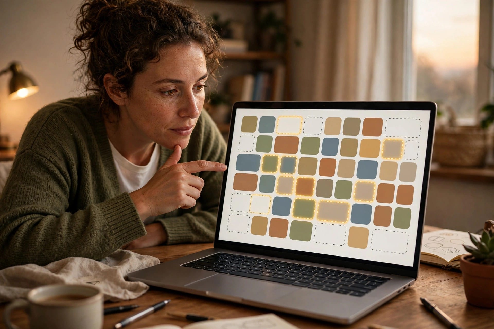 Woman pointing at open gaps on a map of topics on a laptop