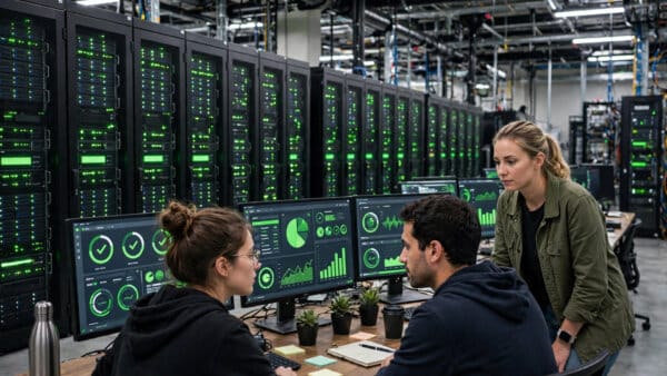 Data centre servers running Blacksmith continuous integration builds and tests for AI-written code