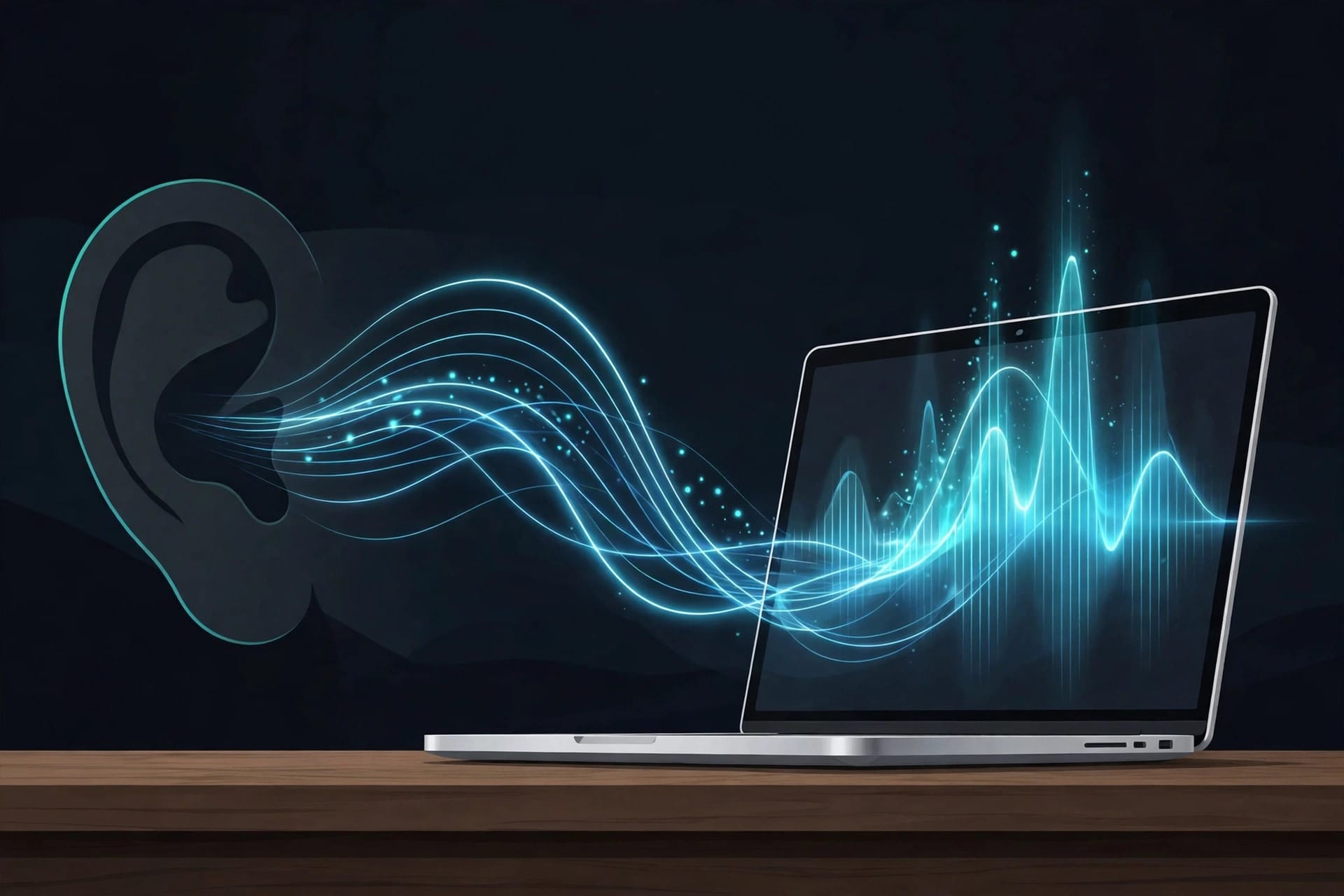 Sound waves travel from a human ear silhouette into a laptop screen showing audio waveforms — illustrating Dessa speech-native training with no text step