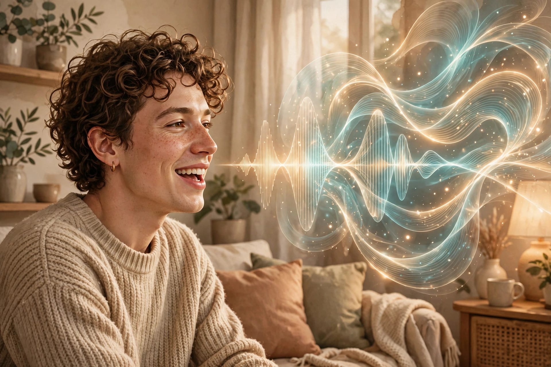 A smiling person talks toward a glowing voice-AI waveform visual in a cozy home — illustrating Block full-duplex speech model Dessa