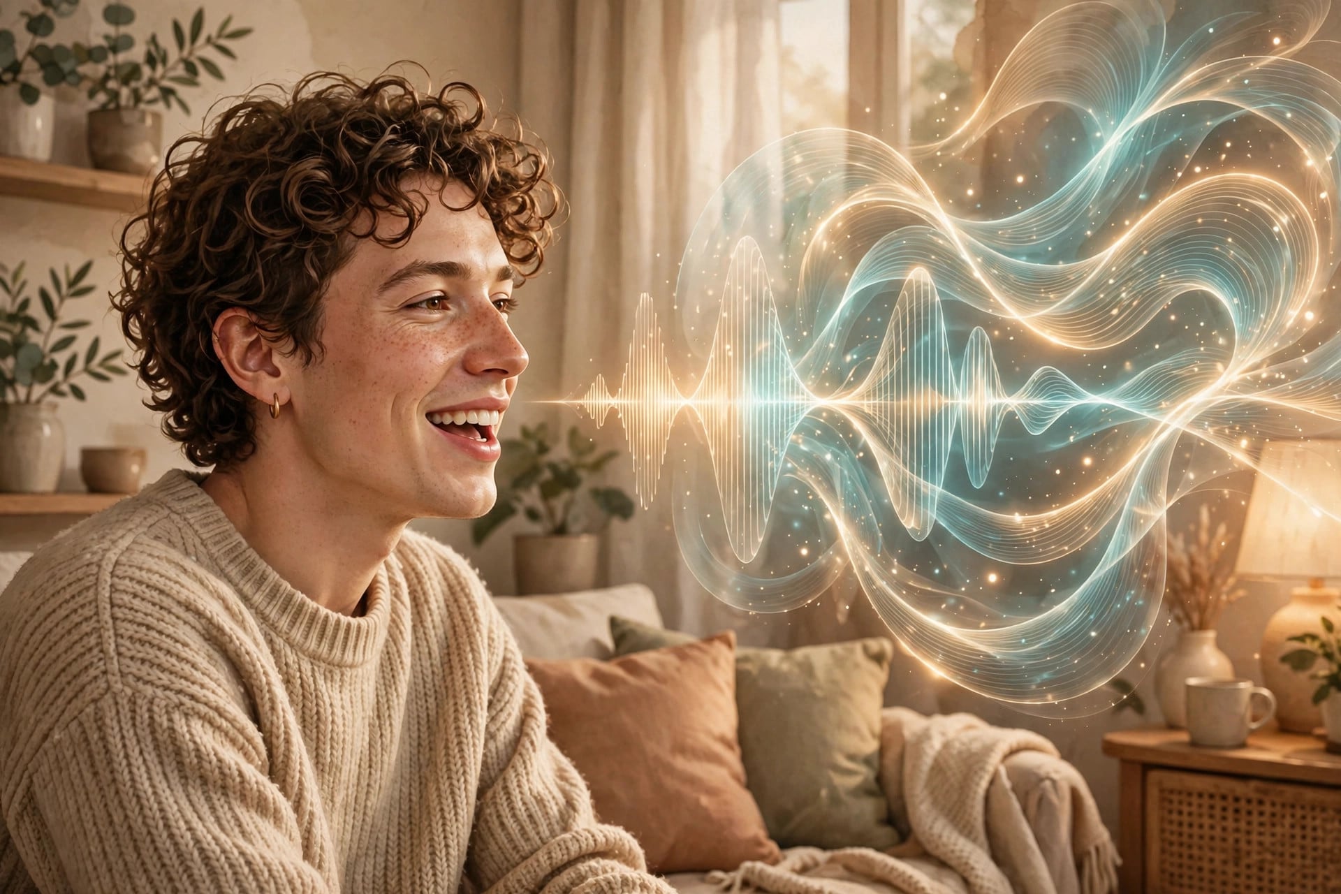 A smiling person talks toward a glowing voice-AI waveform visual in a cozy home — illustrating Block full-duplex speech model Dessa