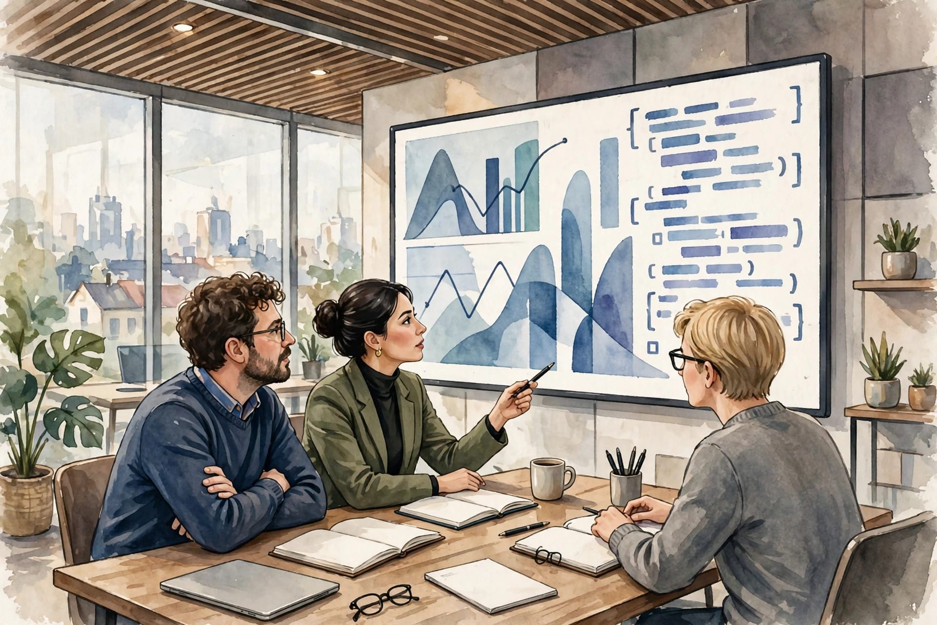 Quantitative analysts reviewing financial charts and code on a large screen in a modern office