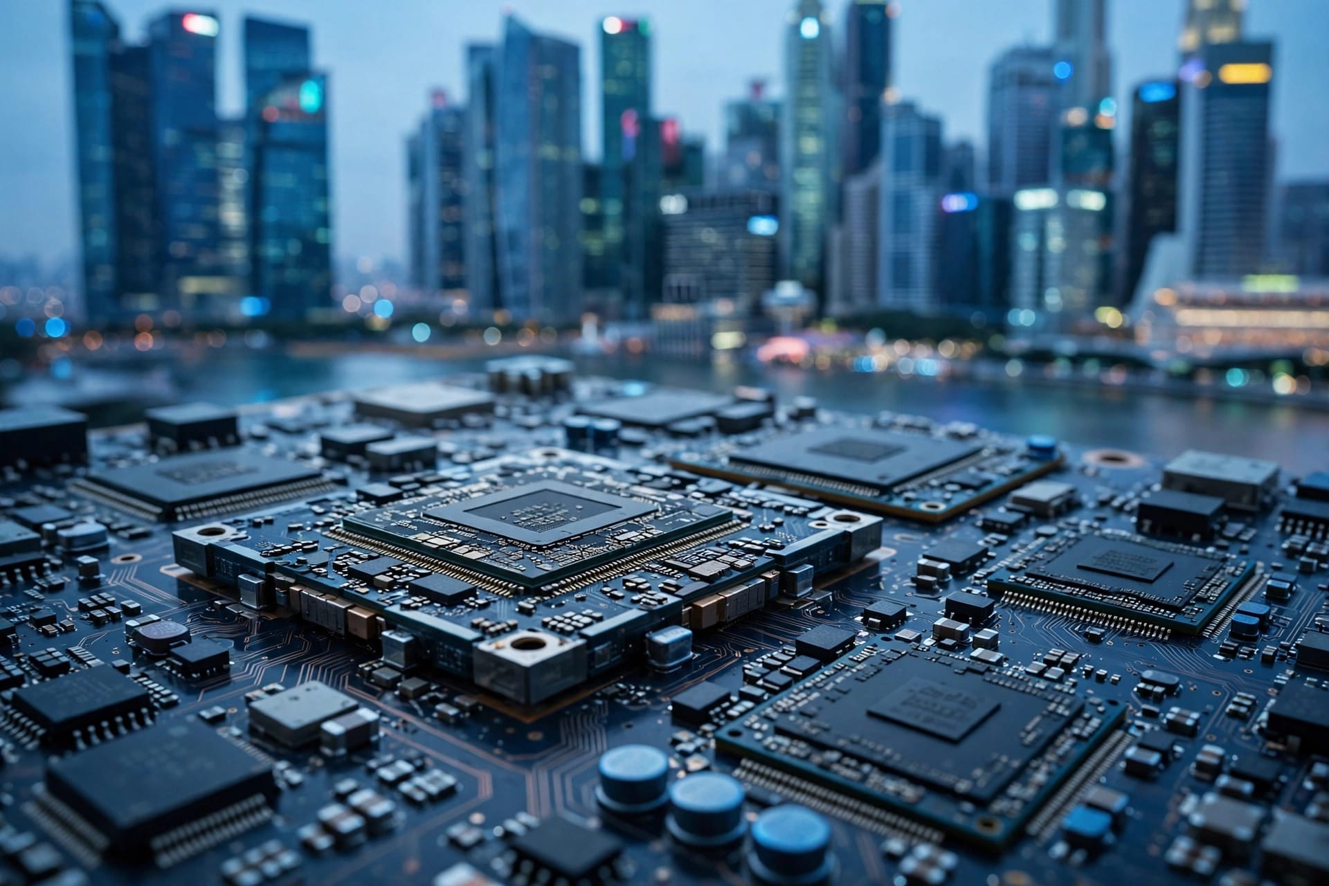 Broadcom AI accelerator chips on a circuit board against a financial district skyline, illustrating the $63 billion Anthropic chip financing