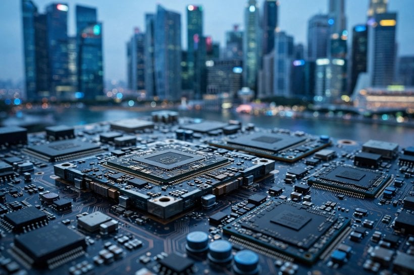 Broadcom AI accelerator chips on a circuit board against a financial district skyline, illustrating the $63 billion Anthropic chip financing