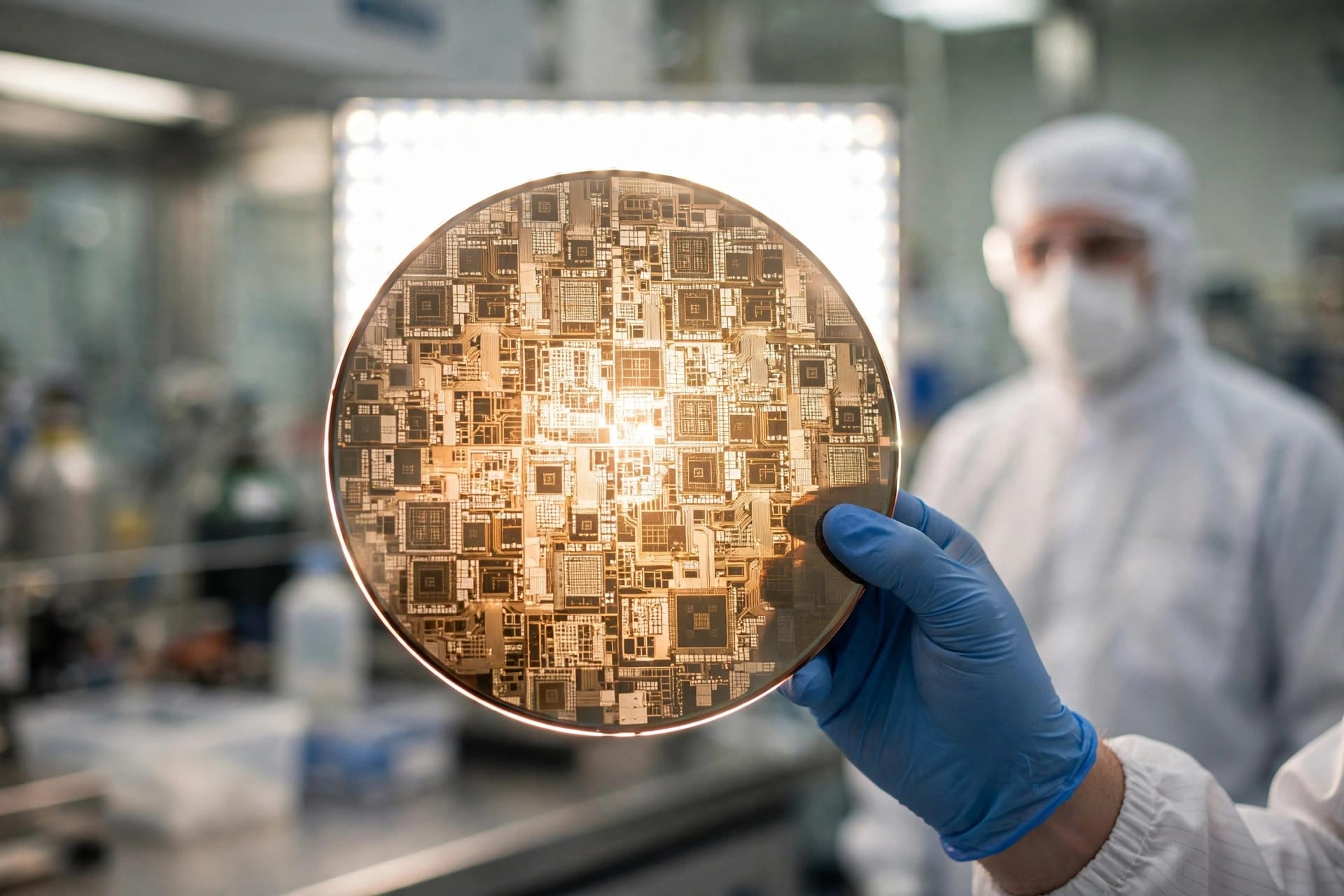 Silicon wafer held up to the light in a clean laboratory with a scientist behind it