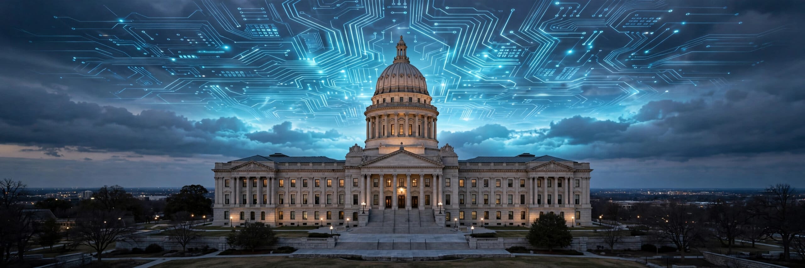 A domed government capitol building at dusk beneath a glowing abstract circuit pattern