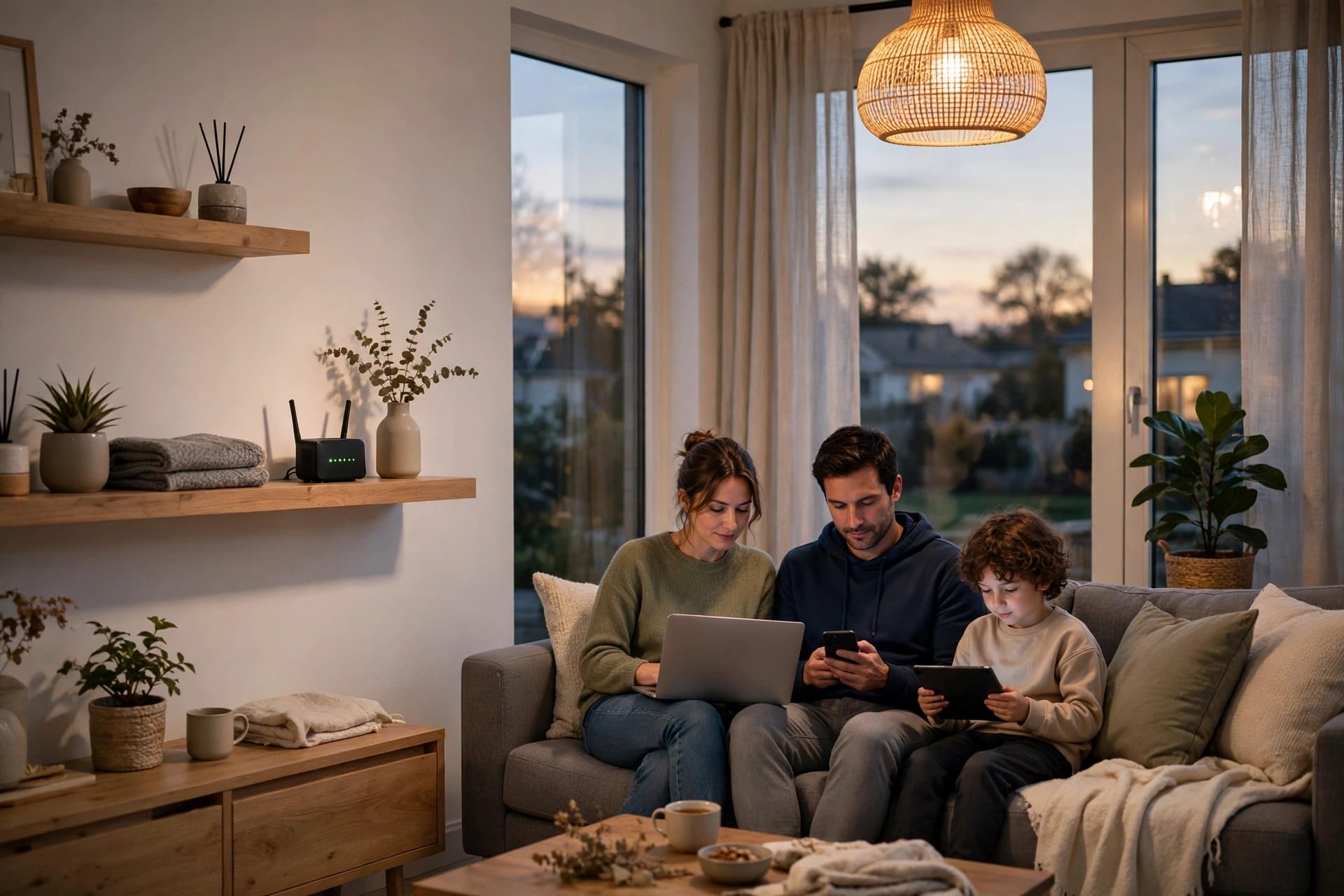 Living room with a home router and people using devices