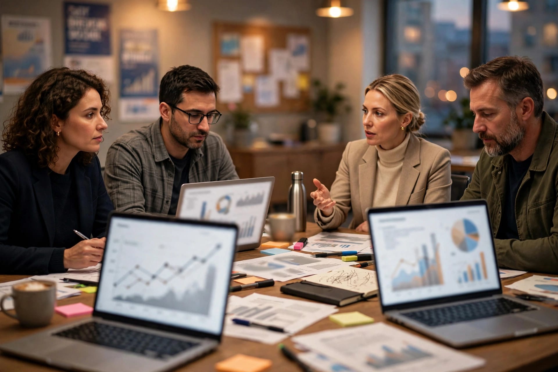Political campaign strategists meeting around a table with laptops and policy documents