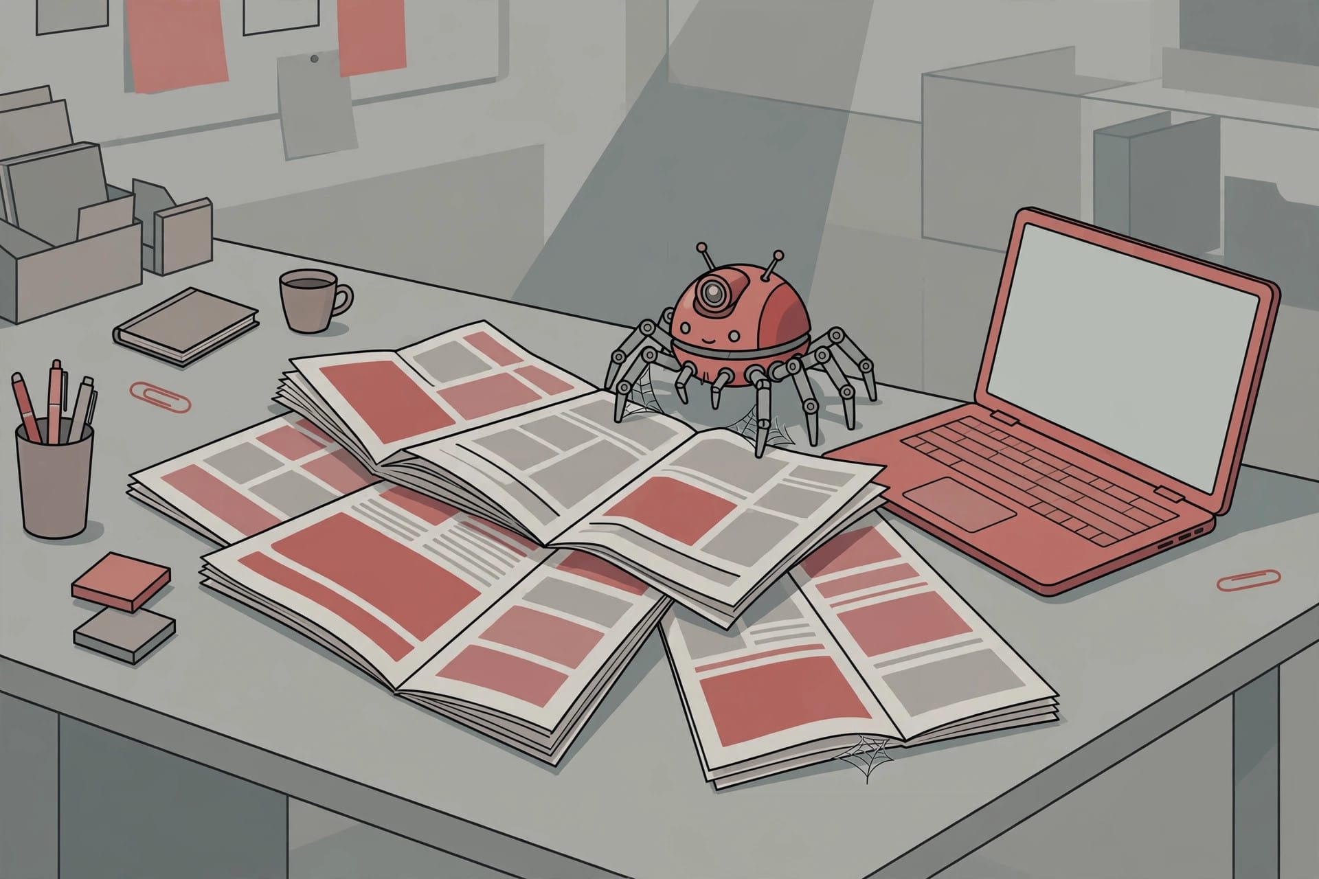 A web crawler robot reading newspapers in a newsroom, illustrating the ClaudeBot scraping allegations in the Canadian publishers' claim against Anthropic