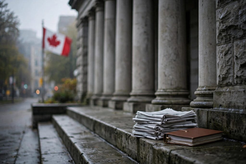 Canadian courthouse steps with newspapers and a legal case file, for the publishers' copyright lawsuit against Anthropic over Claude training