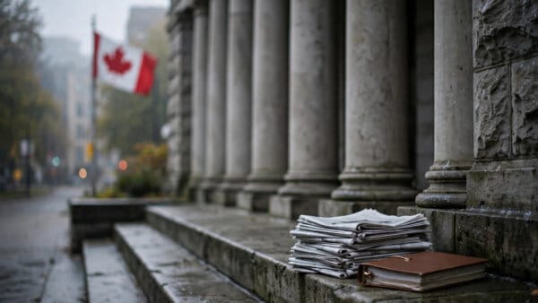 Canadian courthouse steps with newspapers and a legal case file, for the publishers' copyright lawsuit against Anthropic over Claude training