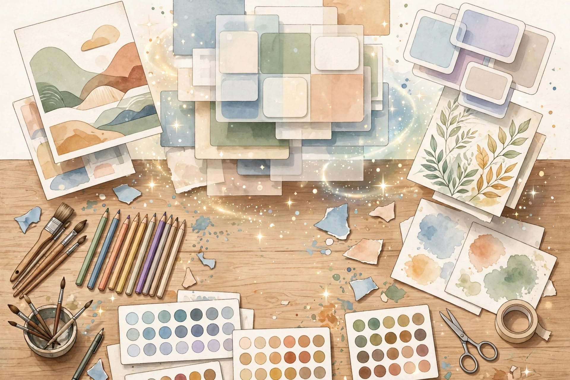 Illustration of a designer desk with watercolour posters, colour palettes and layered design mockups under a soft glow of AI sparkles