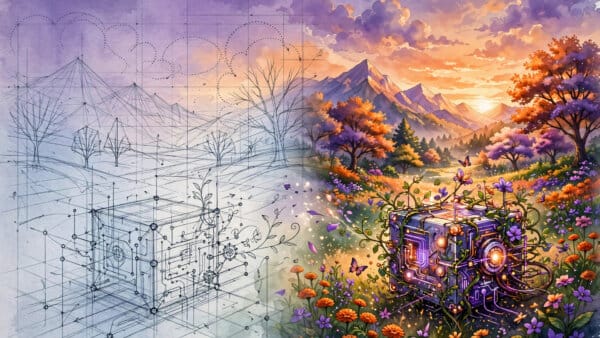 Illustration of Canva Craft: a wireframe design sketch blooming into a vibrant finished artwork, showing the two-stage plan-then-paint image generation process