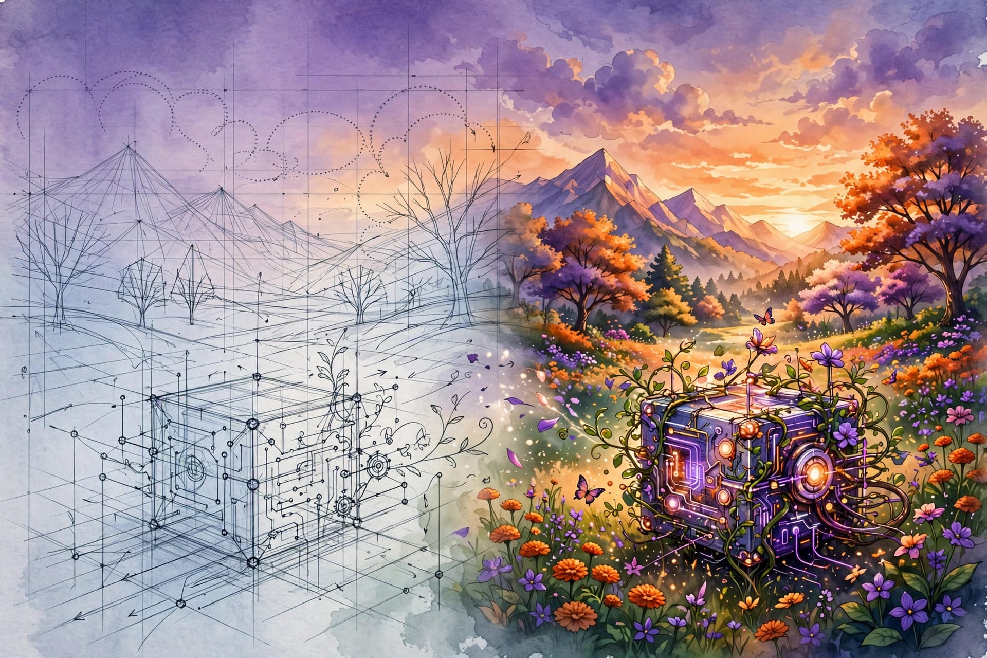 Illustration of Canva Craft: a wireframe design sketch blooming into a vibrant finished artwork, showing the two-stage plan-then-paint image generation process