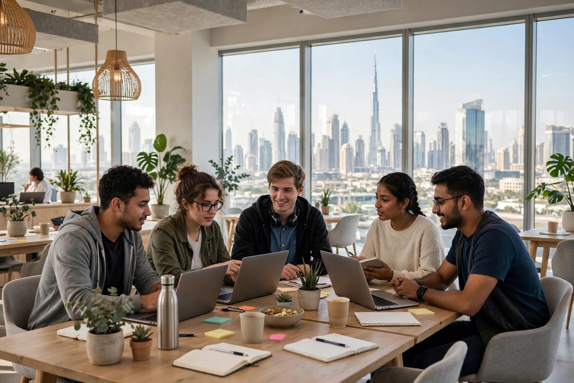 Developers collaborating at tables with laptops in a bright coworking space