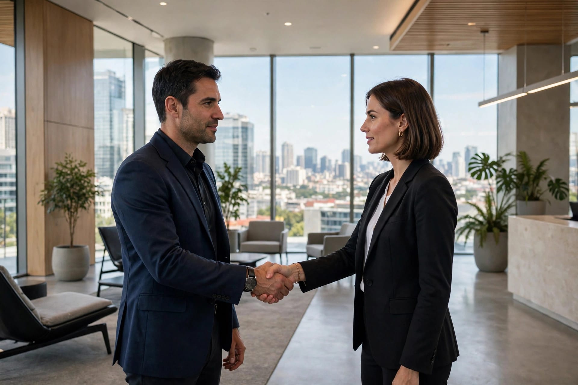 Two business people shaking hands in a bright modern office lobby with a city view