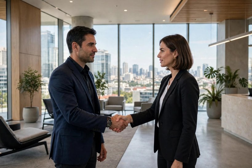 Two business people shaking hands in a bright modern office lobby with a city view