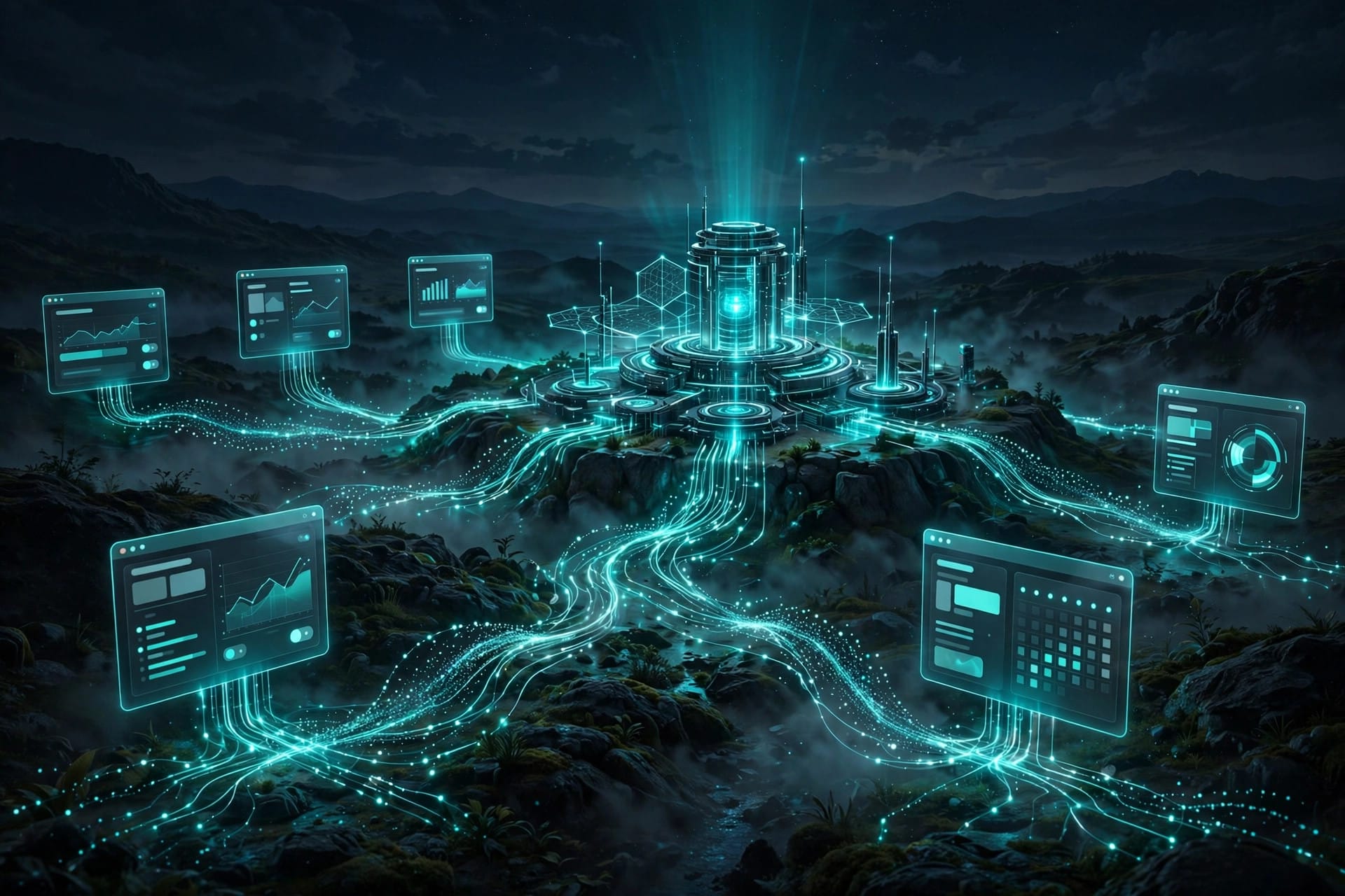 Glowing digital pathways linking business software windows to a central corporate network hub