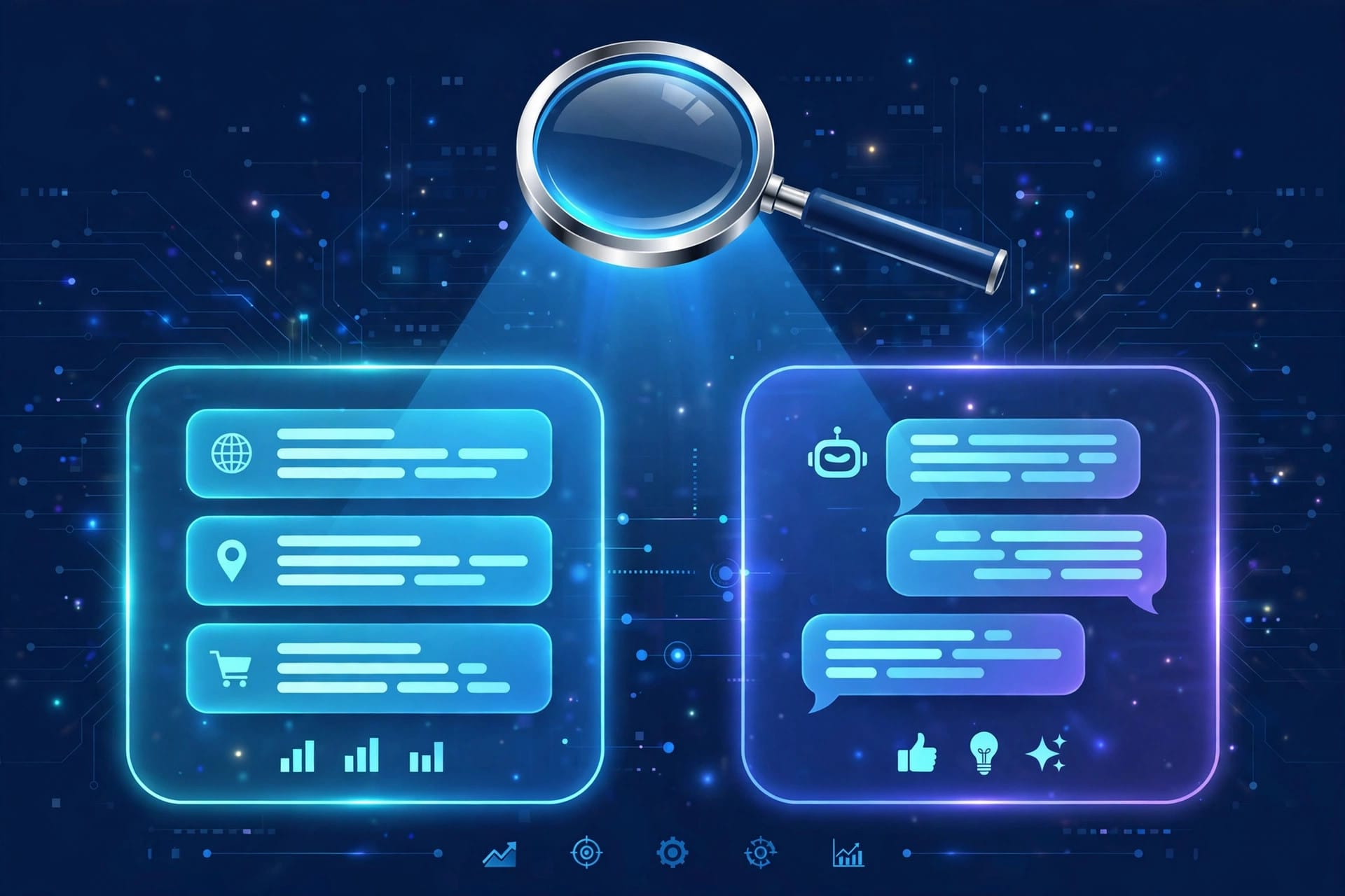 Illustration of a magnifying glass over search results and AI chatbot answer panels