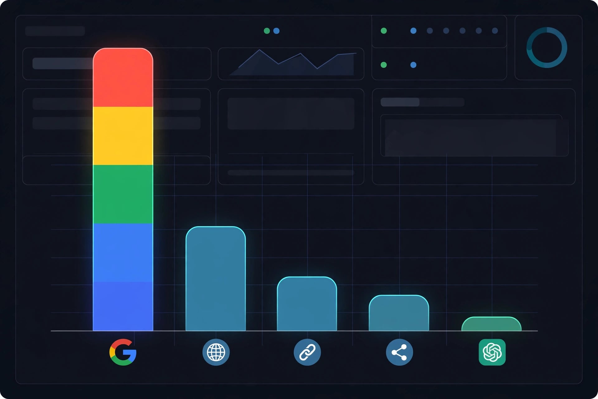 Bar chart illustration showing Google organic search traffic dwarfing a tiny ChatGPT traffic bar on an analytics dashboard