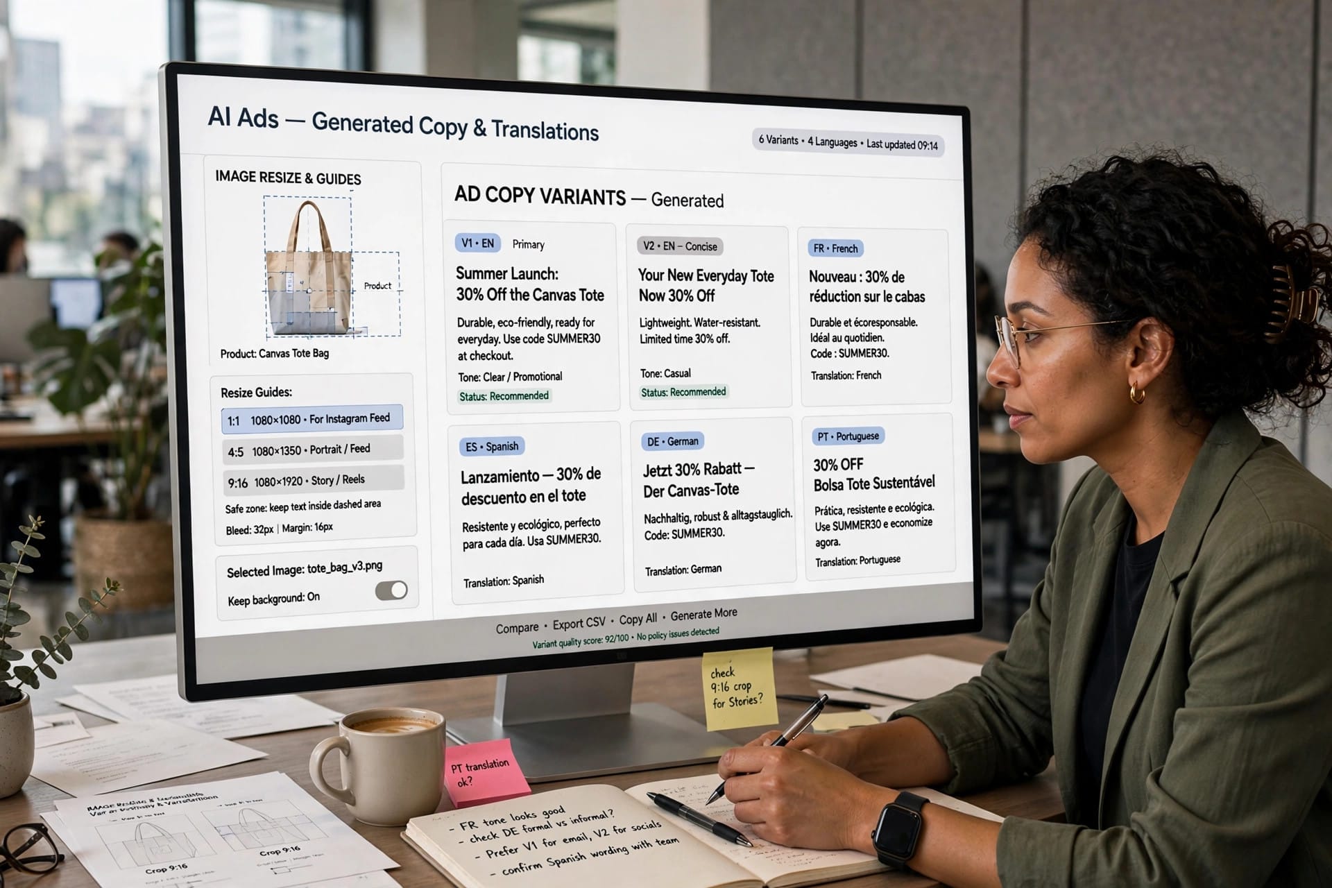 Advertiser reviewing automatically generated ChatGPT Ads copy variants, translations and resized images