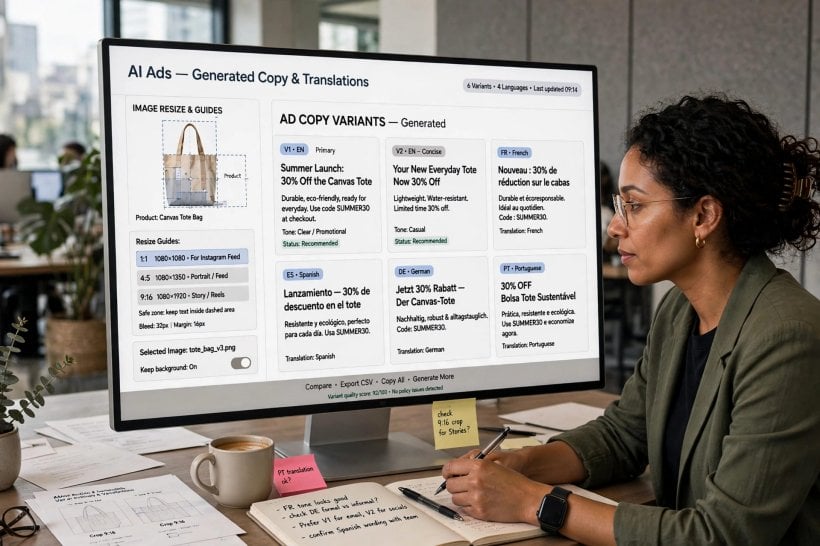 Advertiser reviewing automatically generated ChatGPT Ads copy variants, translations and resized images