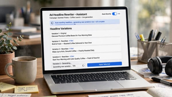 ChatGPT Ads dashboard showing creative enhancements rewriting an advertiser headline automatically