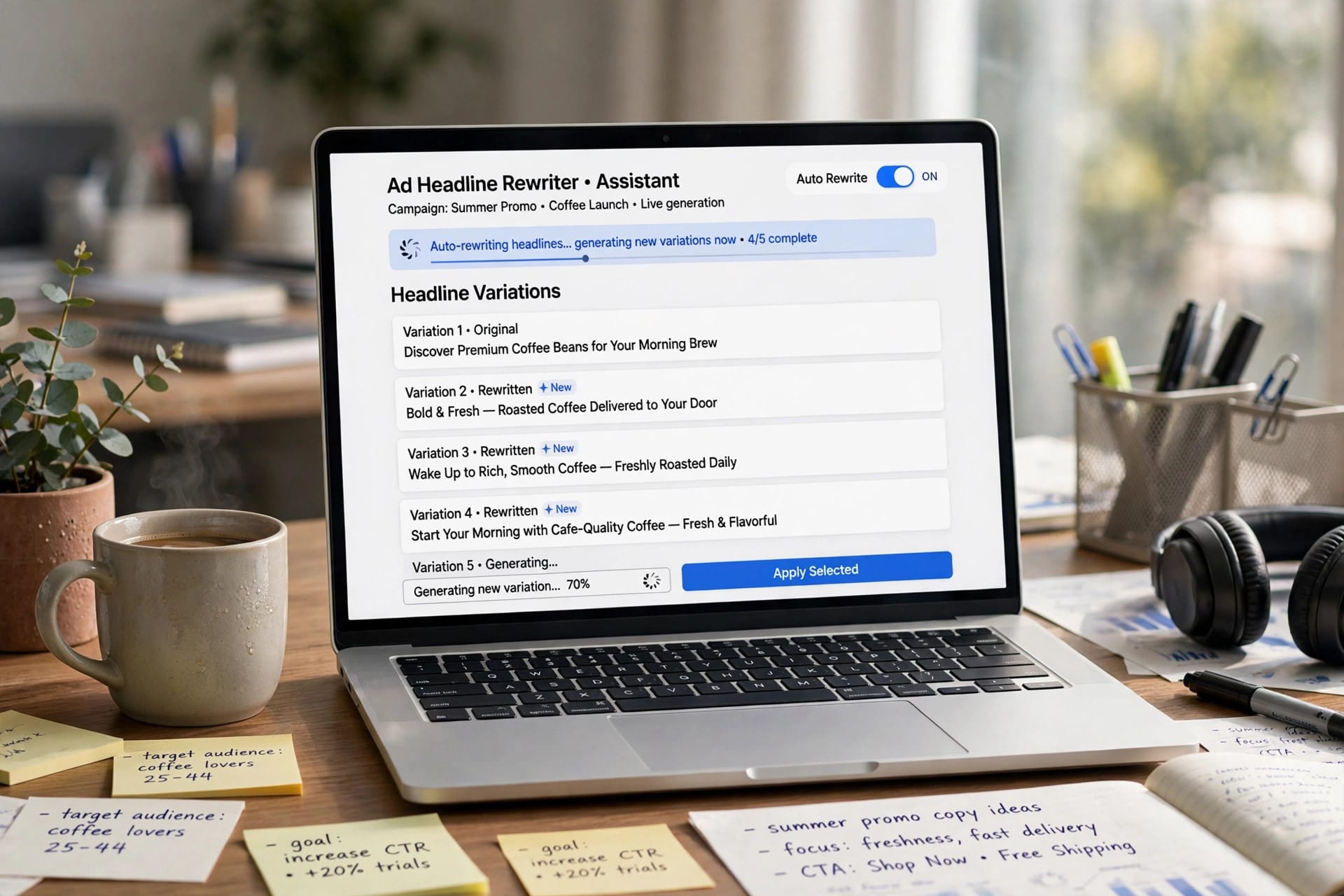 ChatGPT Ads dashboard showing creative enhancements rewriting an advertiser headline automatically
