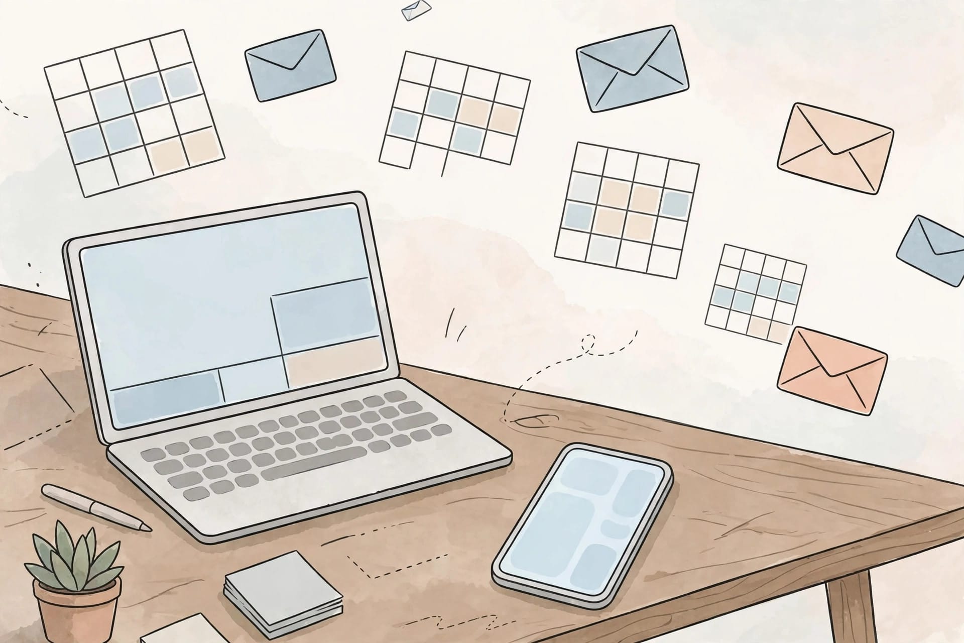 Phone and laptop with calendar and mail shapes