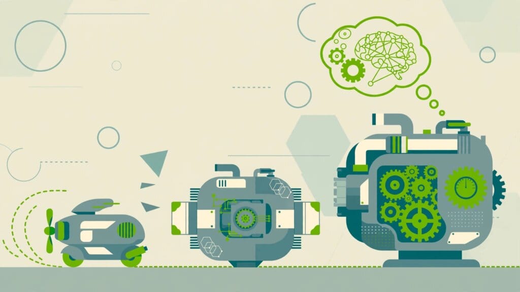 Illustration of ChatGPT's model family as a row of engines sized from a small fast mini to a large reasoning model