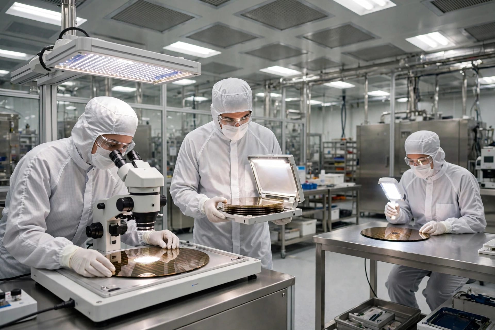 Engineers in protective suits inspecting silicon wafers inside a semiconductor fabrication clean room