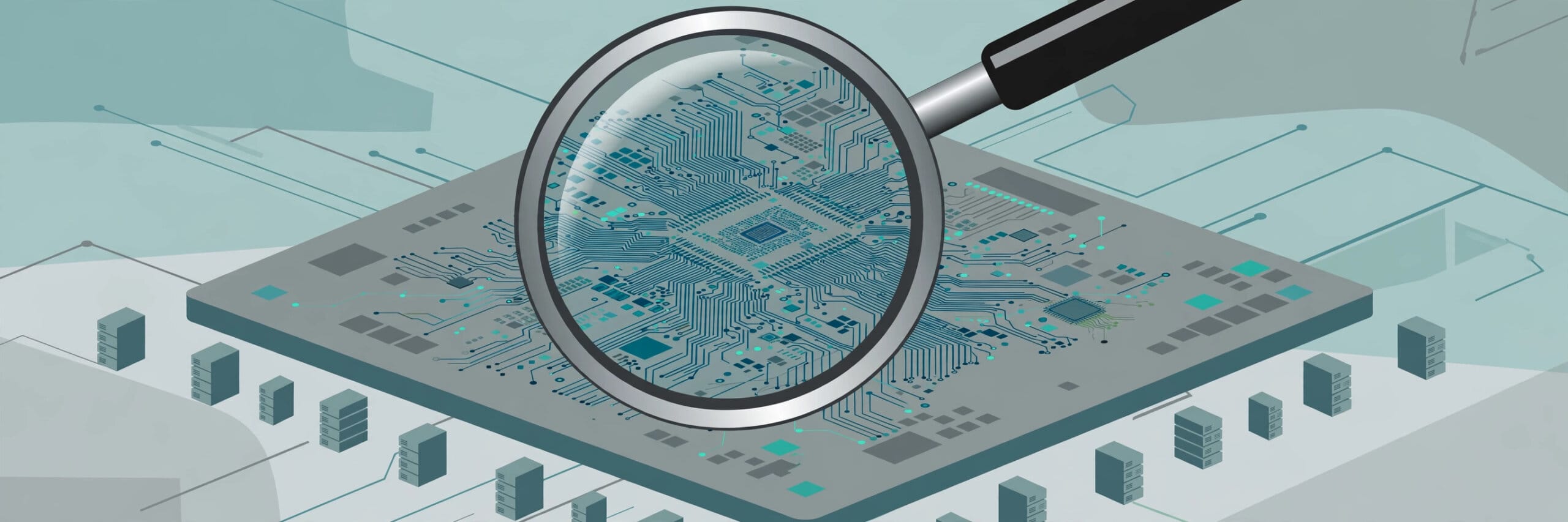 Magnifying glass over a computer chip with circuit patterns, representing the Institute for Progress analysis of China's AI compute