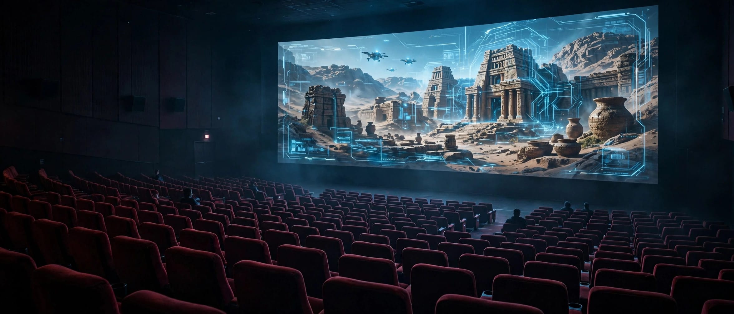 Nearly empty cinema auditorium showing China's first fully AI-generated film Sanxingdui Future Past on the big screen