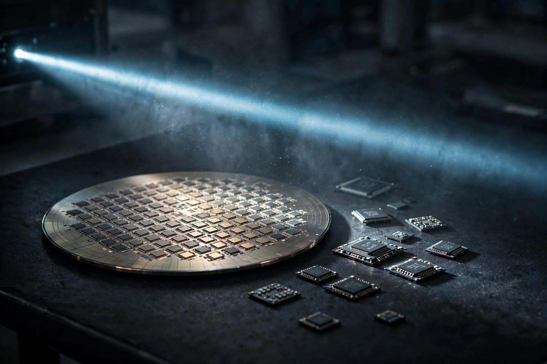 Semiconductor wafer and microchips under inspection light in China's proposed AI export control catalogue