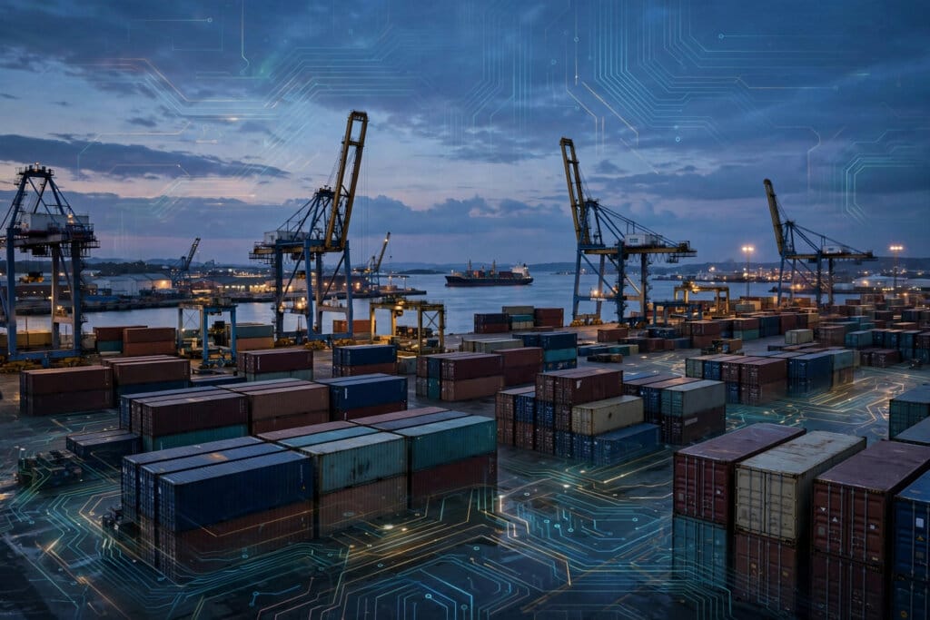Container port at dusk with circuit patterns, as China proposes export controls on 23 AI technologies