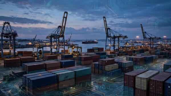 Container port at dusk with circuit patterns, as China proposes export controls on 23 AI technologies