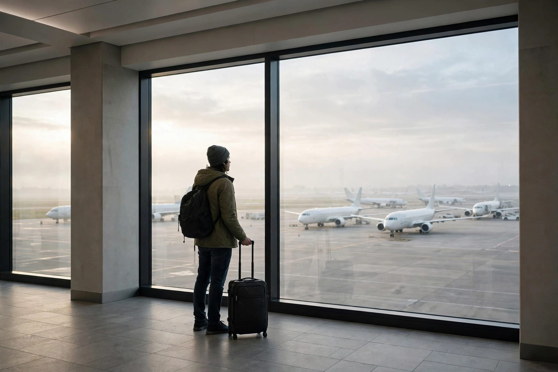 A traveller with a suitcase looking out at aeroplanes through an airport window