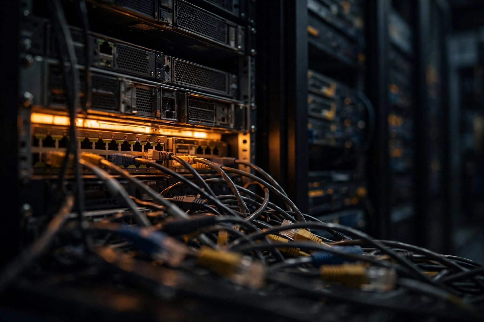 Server racks and network cables in a data centre running PHP services