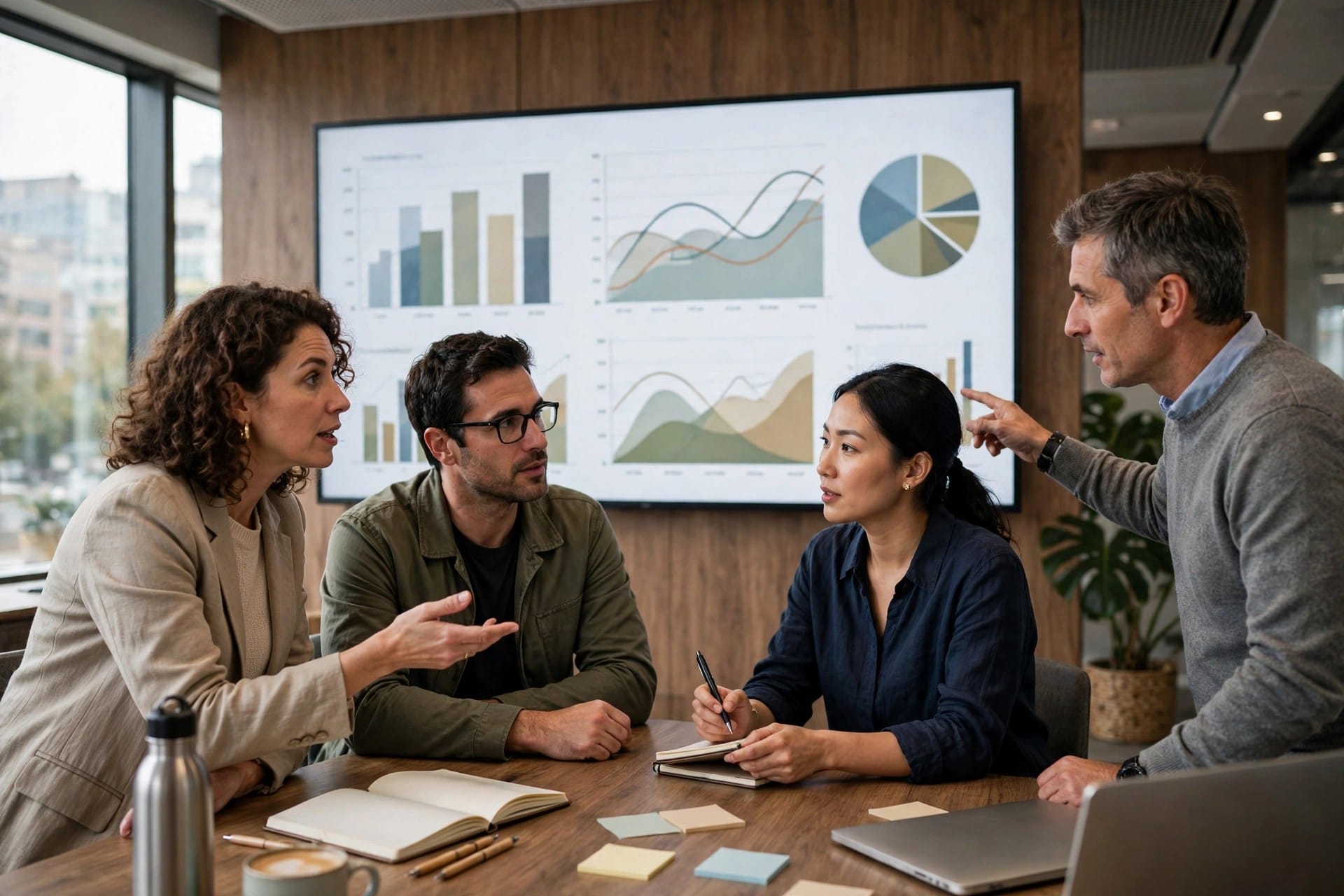 A team discussing charts on a large screen in a meeting room