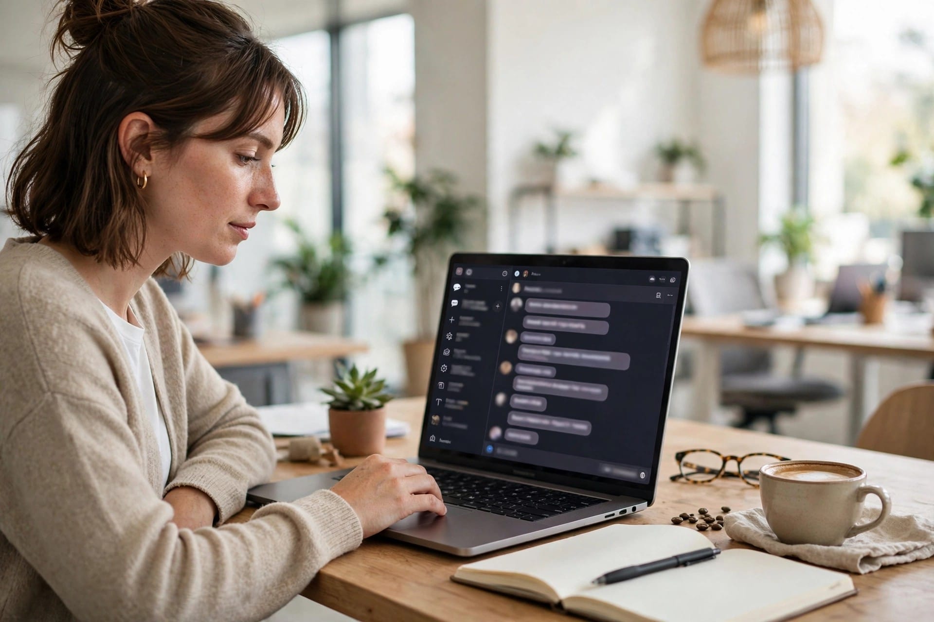 A woman working at a laptop showing a chat interface in a bright office