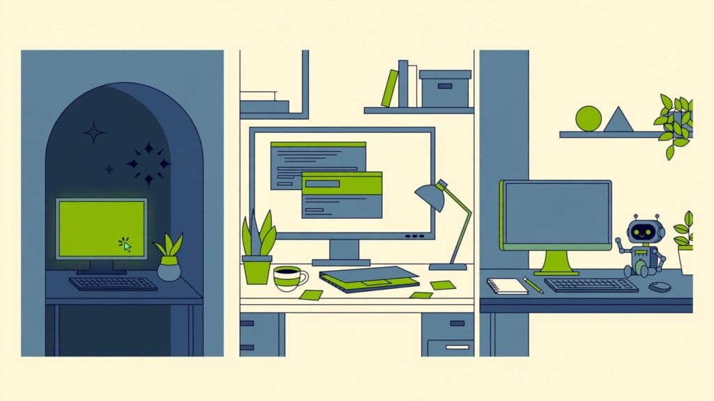 Illustration of three coding workstations — a terminal agent, an AI-native editor and an editor with an assistant